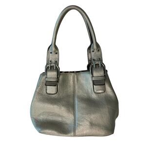 Tignanello Gold Metallic Silver Pebble Leather Magnetic Snap Hobo Bucket Handbag